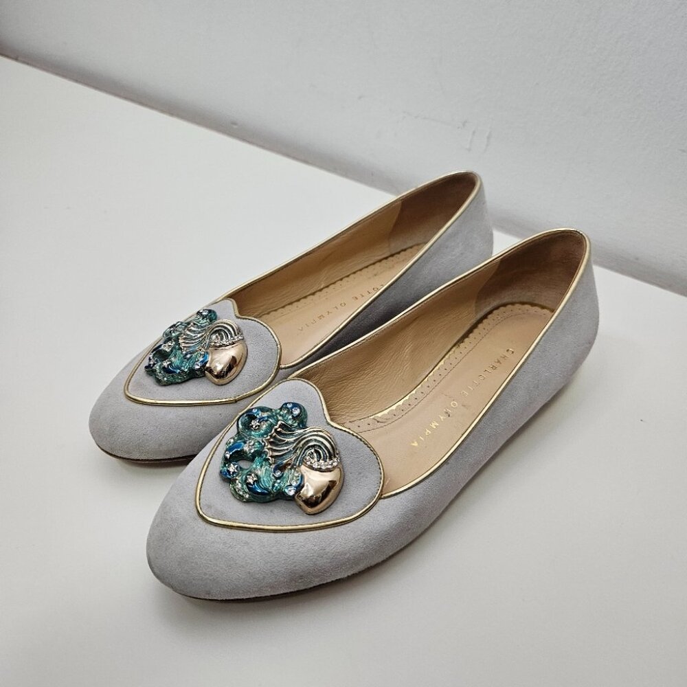 Charlotte Olympia Zodiac Acuarius Ballet Flats Sz 7 US/ 37.5 EUR Grey Brooch